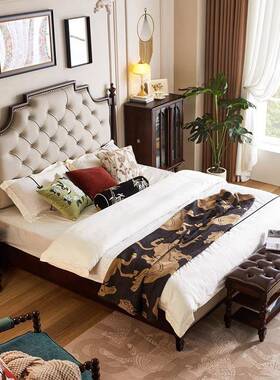 中.古风实木m床轻奢FNR简约米软包婚床高靠双背美式复古主卧人大