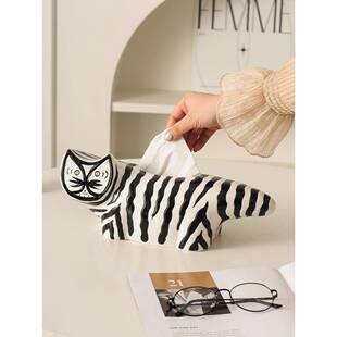 创意高颜值条猫纹陶瓷纸厅巾盒现代轻奢巾抽纸盒客餐纸盒AYM摆件