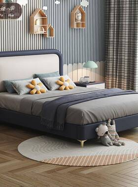 轻实木软单人床1.5米1RTL.包2奢储物皮床蓝色白儿童床男孩床简约