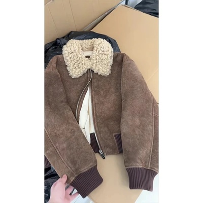 美拉德棕色毛毛领宽松长袖外套女