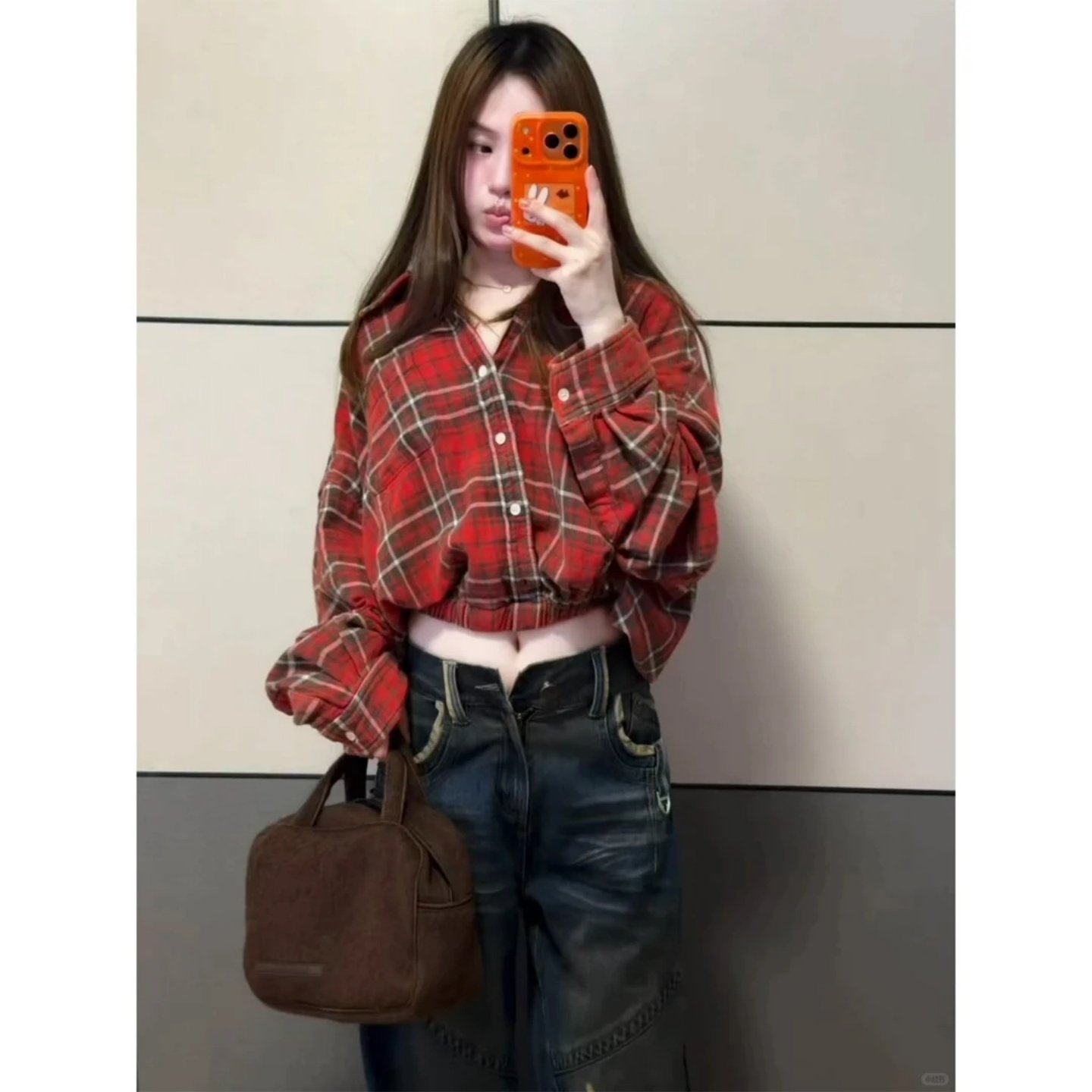 小众时髦设计感格纹短款长袖衬衫2026春季新款百搭翻领收腰上衣