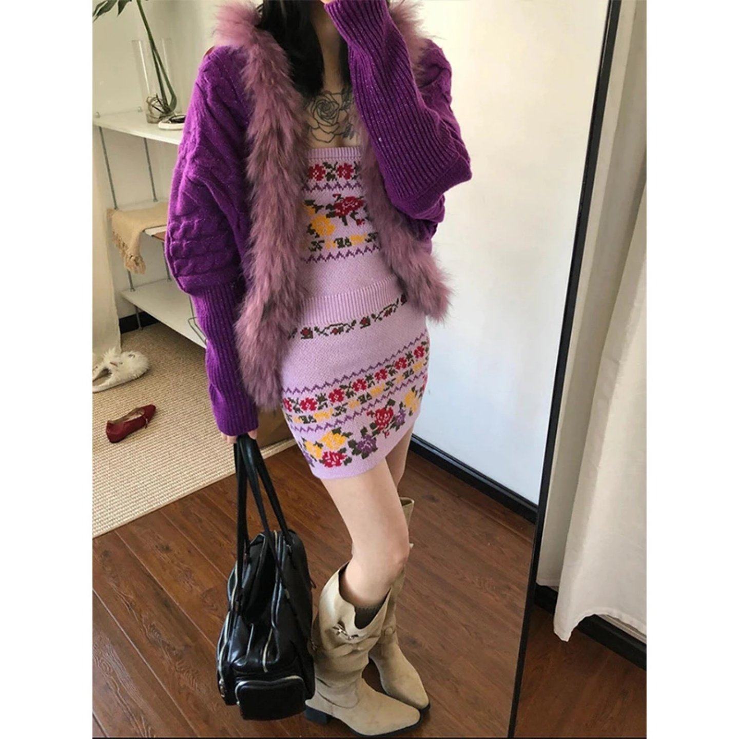 2026巨好看搭配一整套慵懒风松弛感毛领针织开衫显瘦包臀连衣短裙