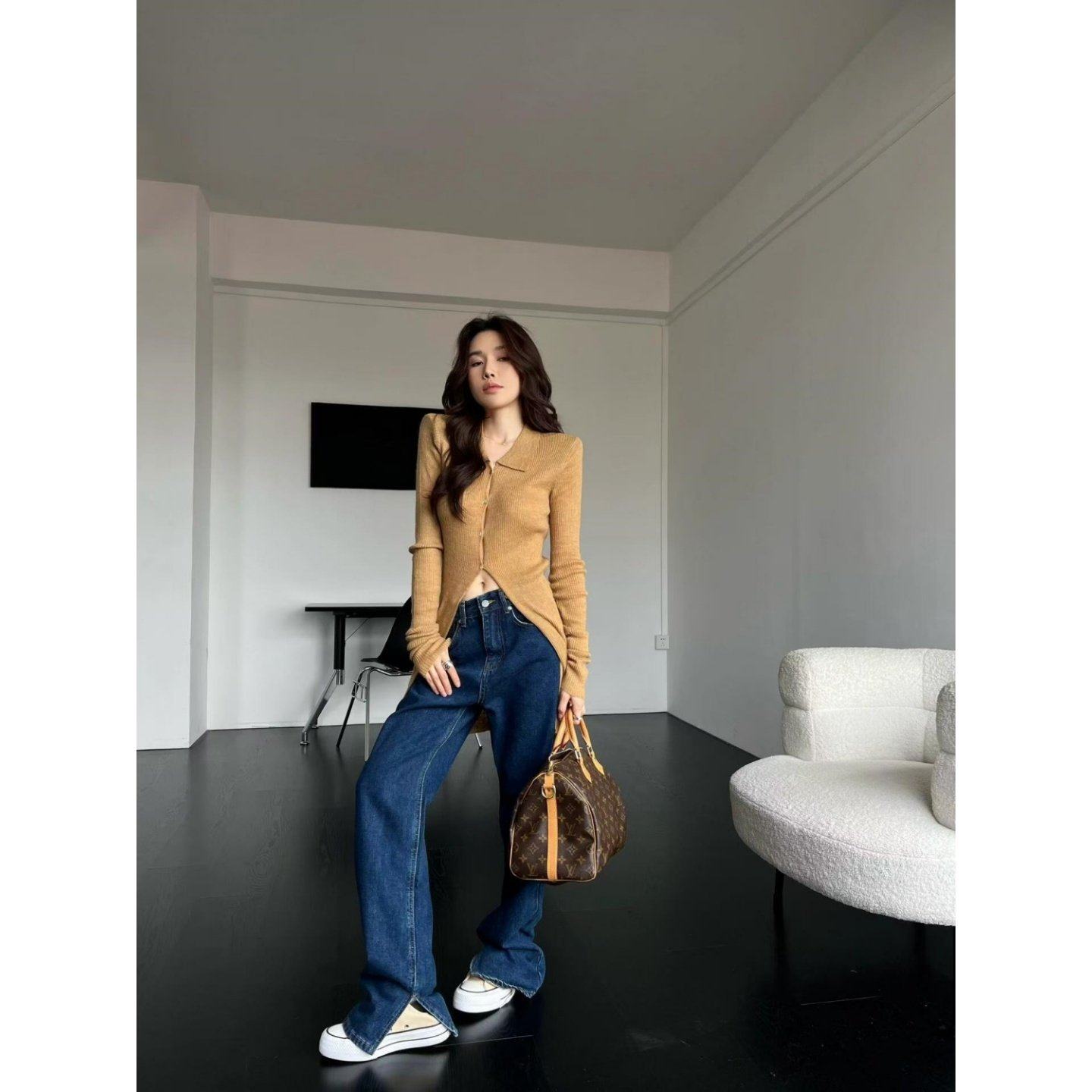 时髦气质polo领纽扣针织毛衣2026春季新款中长款单排扣内搭上衣