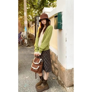 青草绿色假两件针织毛衣开衫慵懒风外套格子包臀半身裙两件套庄女