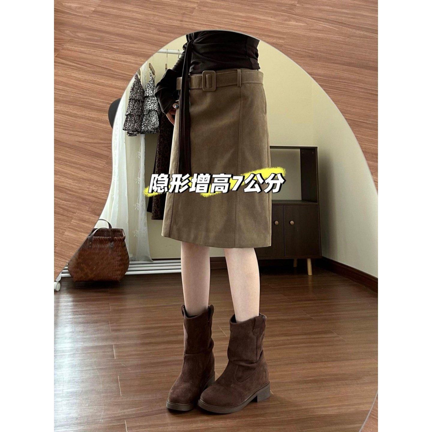 小众设计感复古棕色显瘦低腰半身裙女2025秋冬新款宽松百搭中长裙