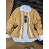 重工高级感翻领蕾丝拼接长袖 衬衫 女2026春季 法式 显瘦休闲开衫 外套