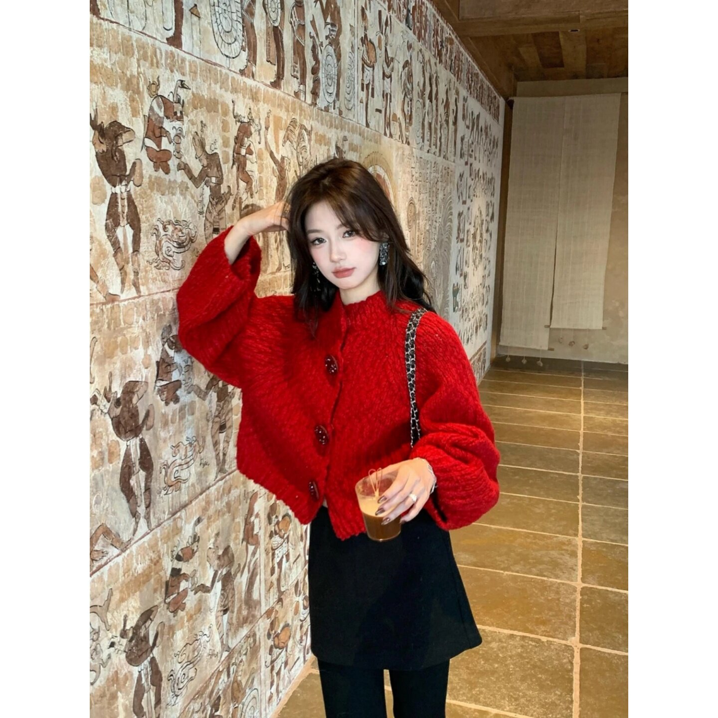 纽扣针织毛衣高腰显瘦黑色半身裙