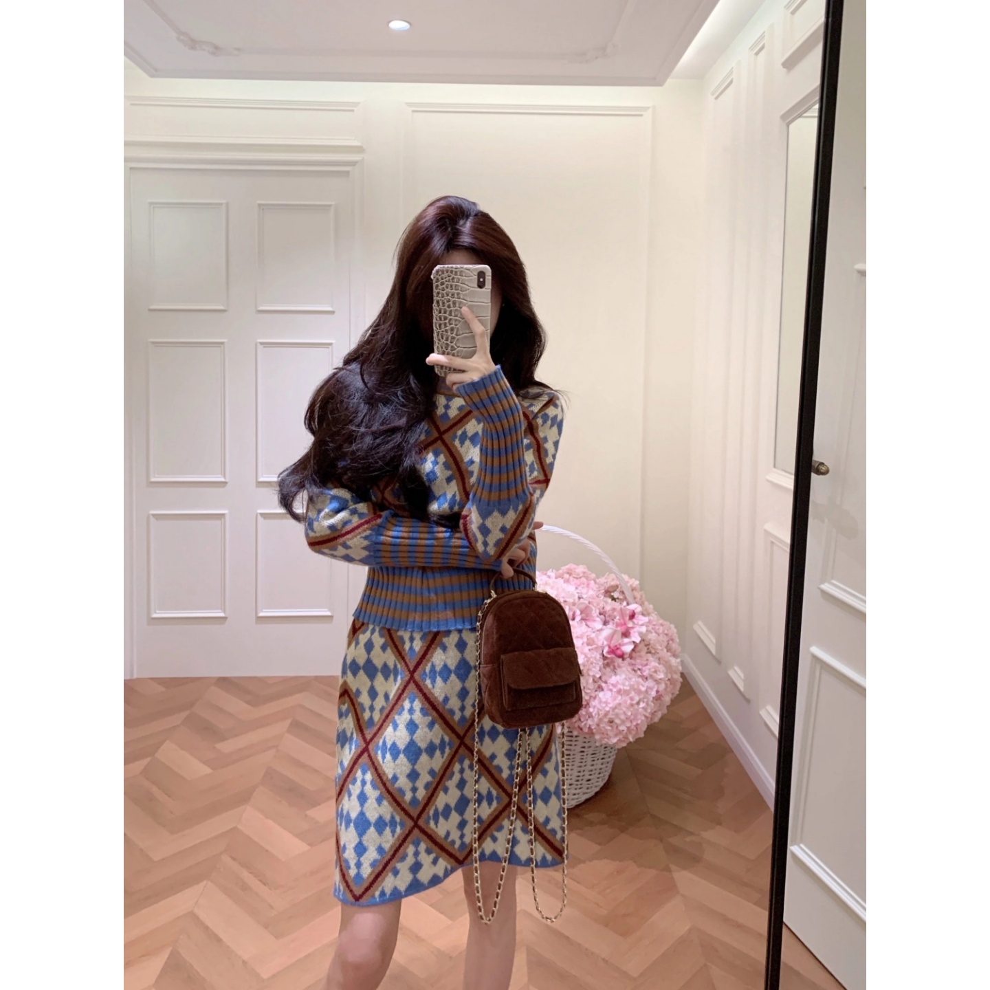 格纹撞色针织毛衣显瘦百搭半身裙