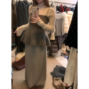 套装女2026新款冬装韩系气质修身高领内搭叠穿吊带毛衣显瘦半身裙