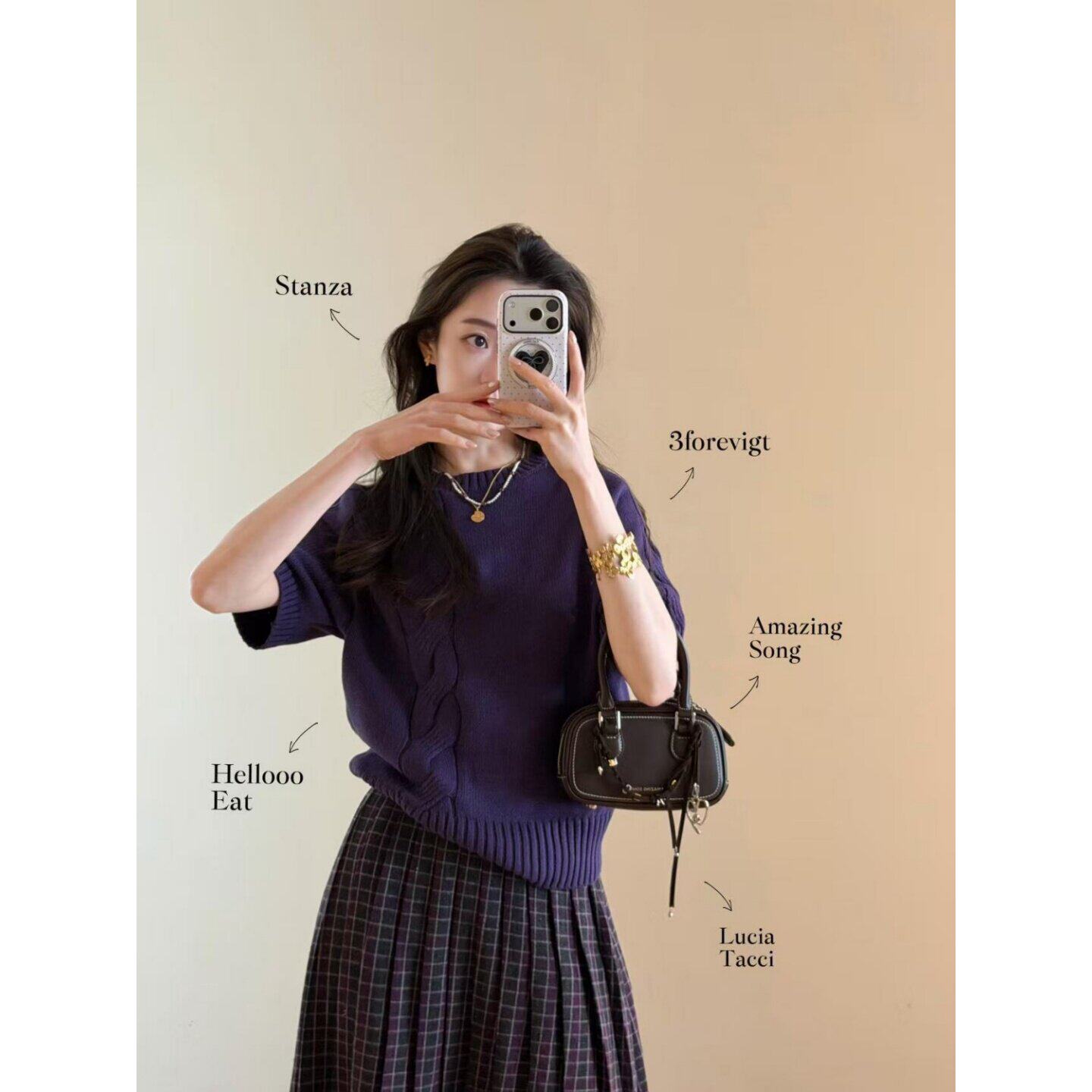 一整套ootd穿搭一整套韩系气质麻花短袖针织衫高腰显瘦百褶半身裙