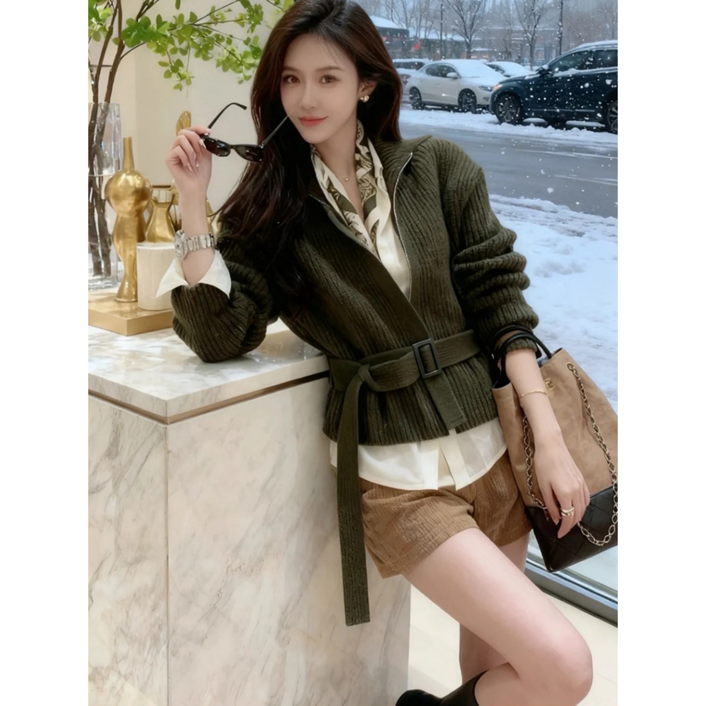 针织毛衣长袖衬衫高腰显瘦短裤子