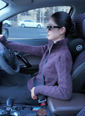 韩系麻花拉链半开领慵懒针织衫毛衣2026秋冬新款洋气百搭紫色上衣