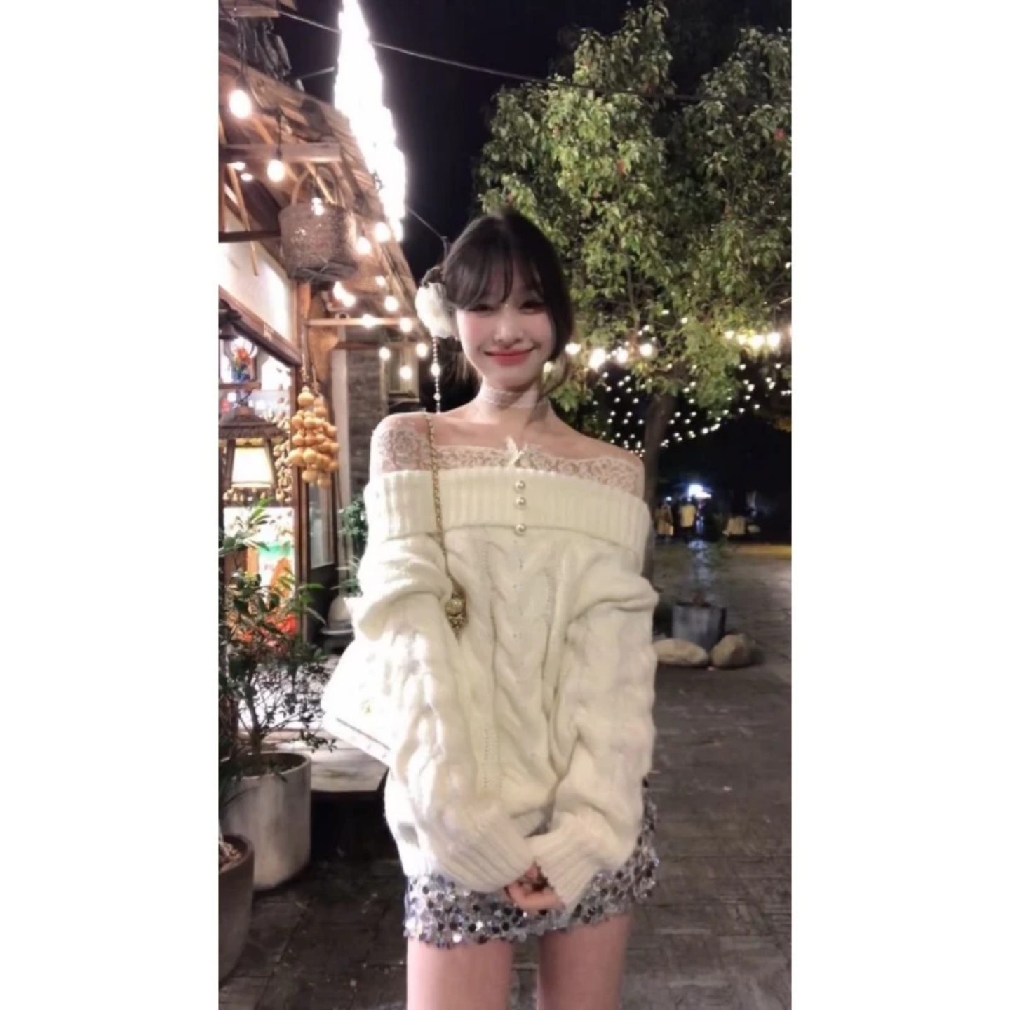 蕾丝拼接露肩毛衣显瘦亮片半身裙