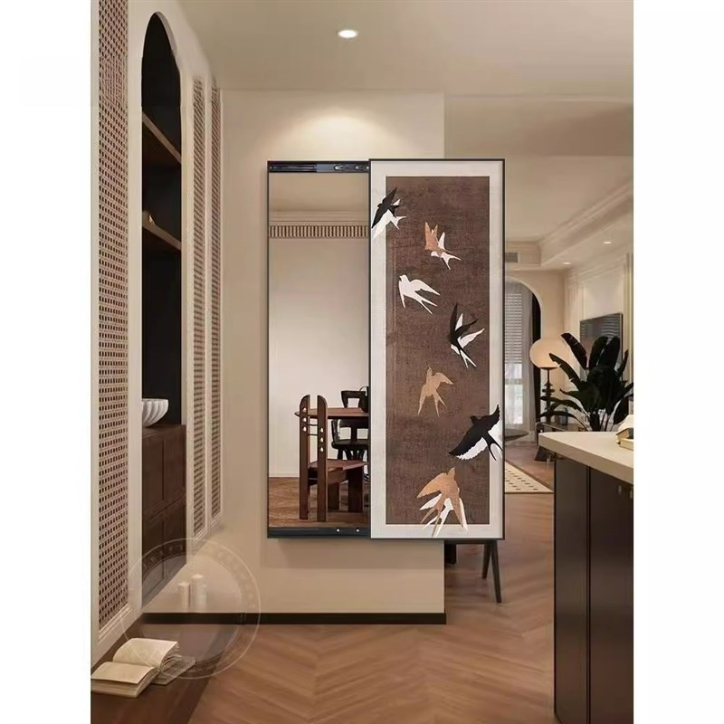 中古风隐形全身镜装饰画复古玄关推拉镜子壁画卧室遮挡穿衣镜挂画