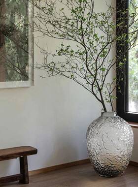 大秀居家大落地马醉木灰色透明锤纹培玻璃花SS瓶水家居肚装饰花器