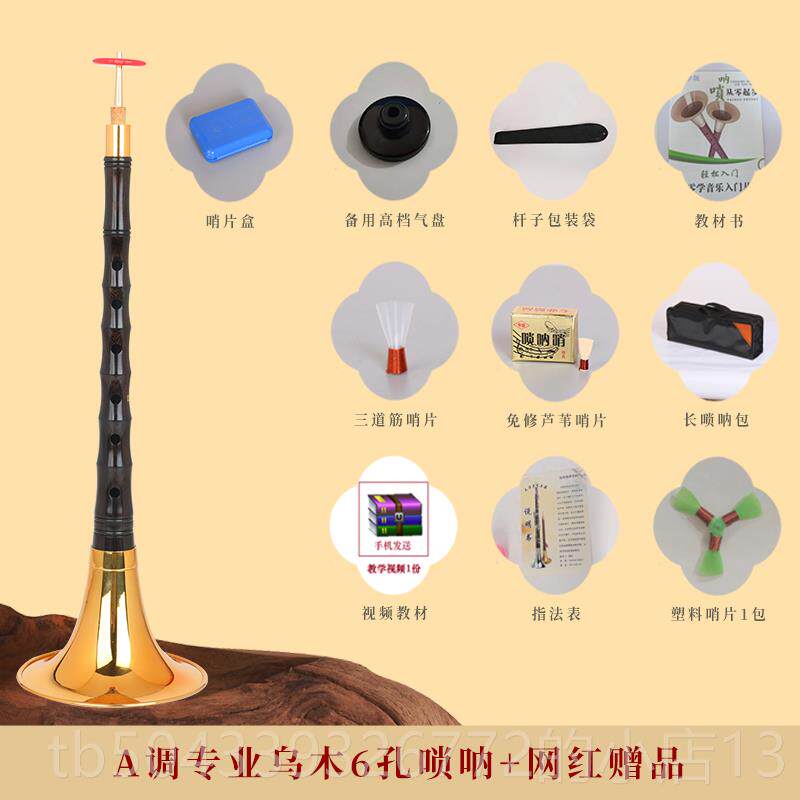 高档专业乌木六孔漆金唢乐器笛子指体法系初学者人民间呐演奏成喇