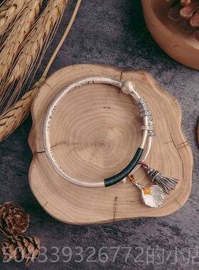 高档银手镯女99纯银古复古民实心流苏法宫铃吊古坠族风风推拉拢银