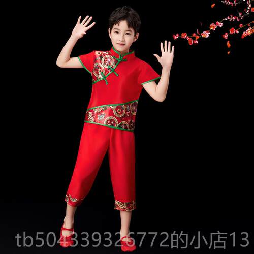 高档六儿笼童喜庆开门红扇子舞演出歌服女童一灯秧服中国红舞蹈表