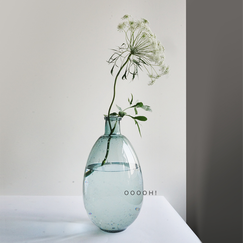 OOOOH!不规则椭圆形手工气泡玻璃花瓶/淡蓝色水滴形透明玻璃花瓶