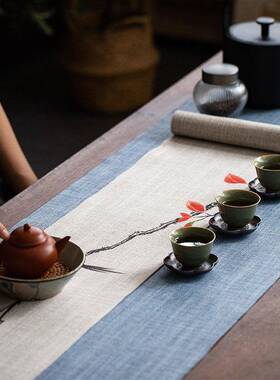 桌手绘茶中式禅意桌旗防盘水棉麻布艺茶布茶垫席茶旗茶93640道茶