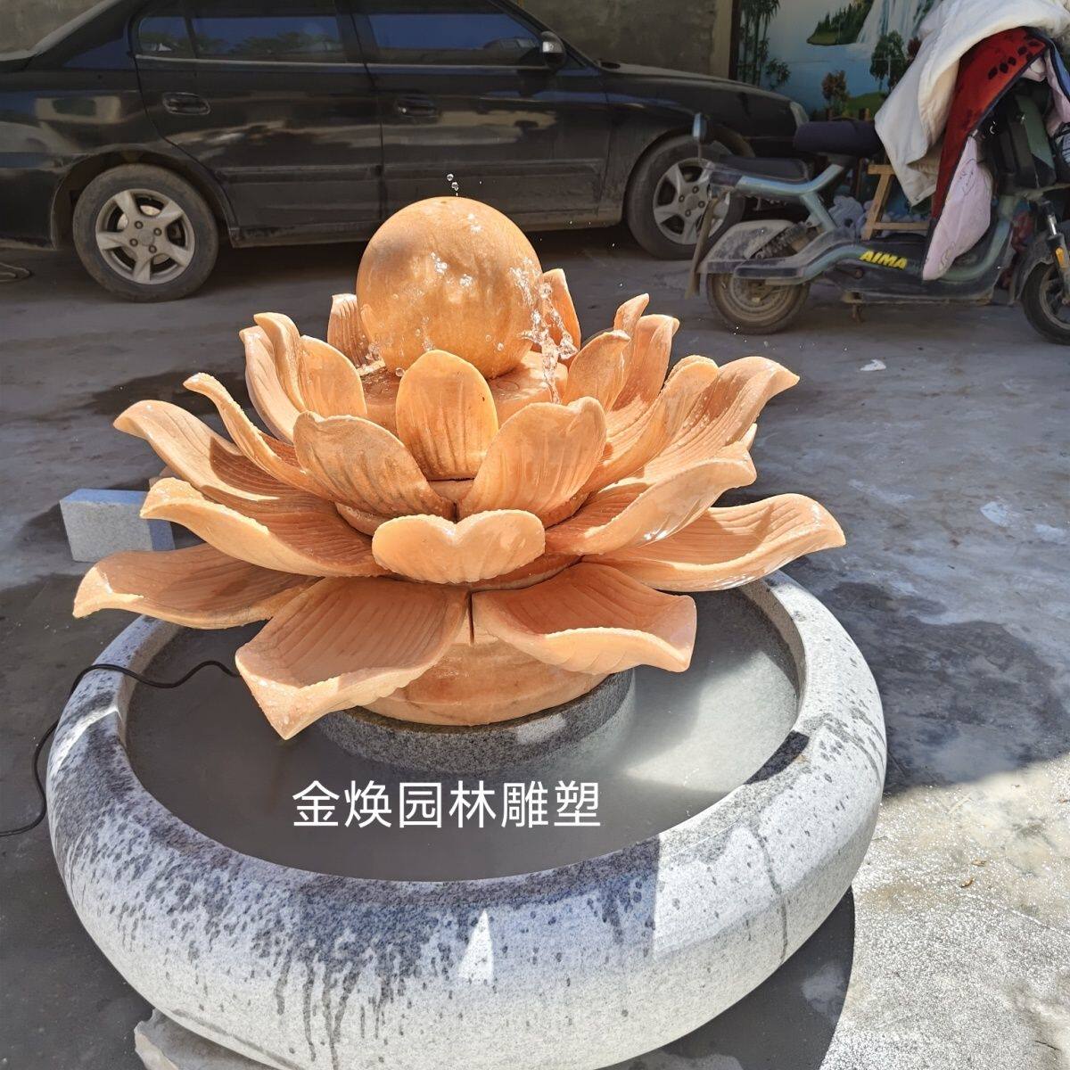 石雕莲花喷泉雕塑寺庙禅意水池循环大理石荷花流水景观喷水球摆件