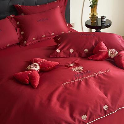 高端简约中式婚庆红色100s长绒棉四件套全棉新婚雅婚陪嫁床上用品