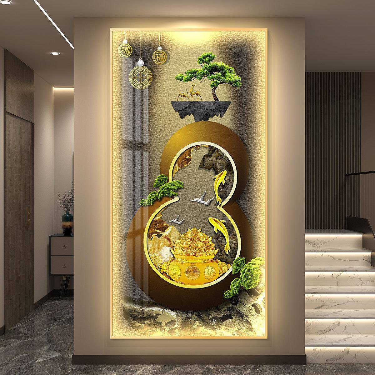 轻奢入户简约现代挂画壁画走廊过道流水生财led带灯玄关装饰画
