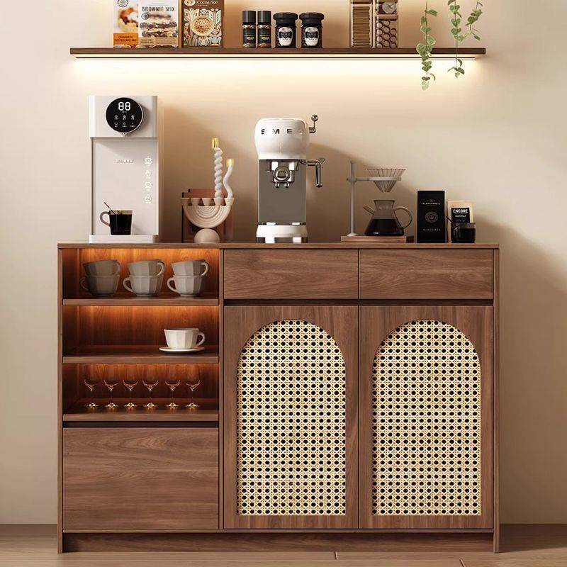 Rtd餐边柜靠墙一体茶水柜置物柜藤编橱柜客厅实木矮柜中古茶边水