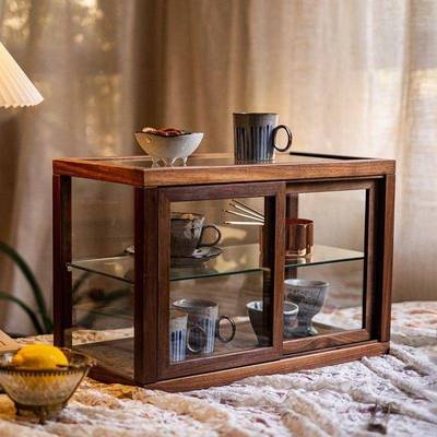 黑胡架桃实木玻璃收纳装饰桌面整理柜搁点木心盒饰品板装饰架CRPE