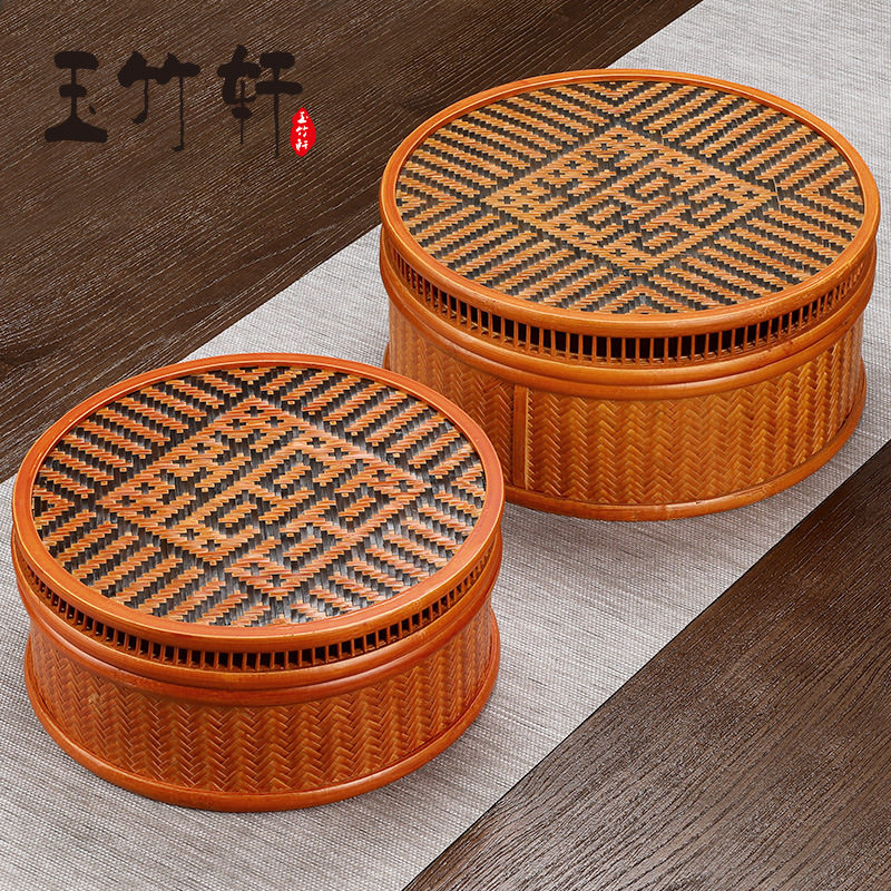 手工竹编复古带盖圆形收纳篮