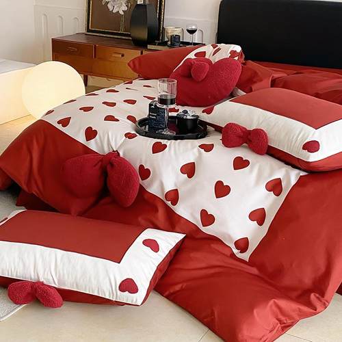 全棉婚庆红色爱结套婚床上四件PZ922100S长绒棉棉被纯心套床单喜