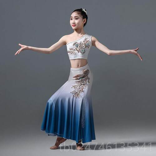 正品傣族舞服装蹈女童艺考身包臀鱼修尾民族儿童孔雀舞蹈裙演出服
