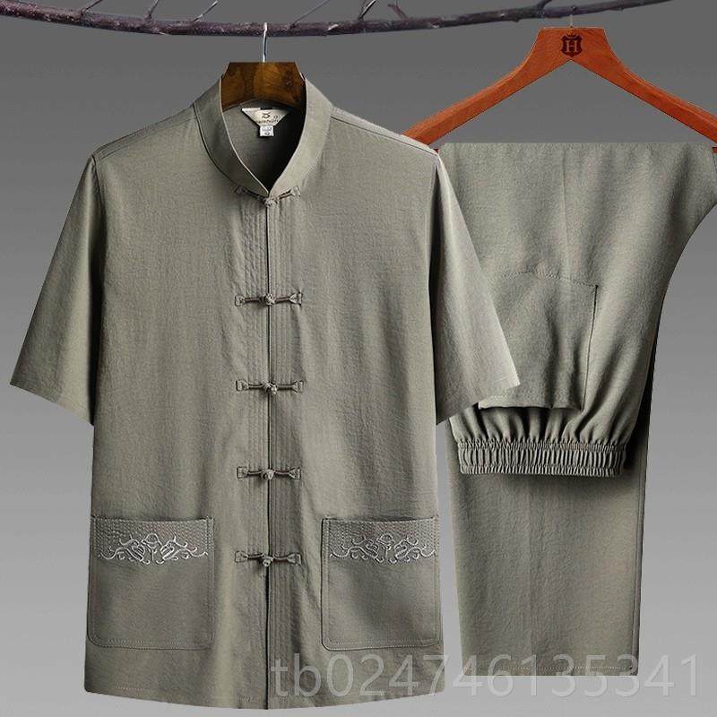 正品中老年人唐装短袖棉麻衬衫季套装爸爸夏中式太极服汉装服男爷