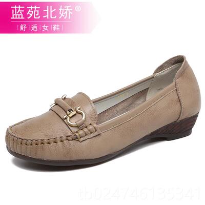 正品浅单口鞋女平底真皮软底豆豆鞋秋季中年妈妈老鞋鞋皮春秋大码