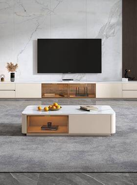 fLE落地岩板电视柜茶几组合现代简约圆角地柜客厅家用实木柜玻璃