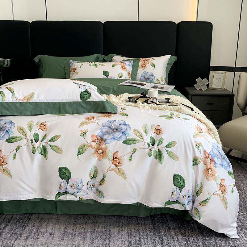 V45O四季100s床上四件套纯棉被套巴宝格子床单印花长绒棉