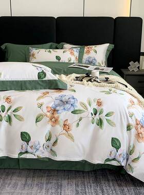 V45O四季100s床上四件套纯棉被套巴宝格子床单印花长绒棉