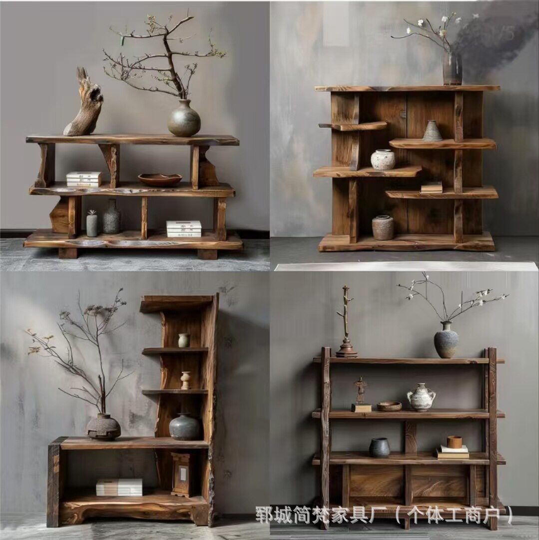 诧寂风老榆木茶具收纳架室内装饰瓷器茶壶展示架多宝阁博古架摆件