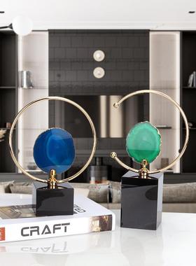 现W0213代视简约天然玛瑙石切片摆电镀铁件客厅玄光电柜家居艺装