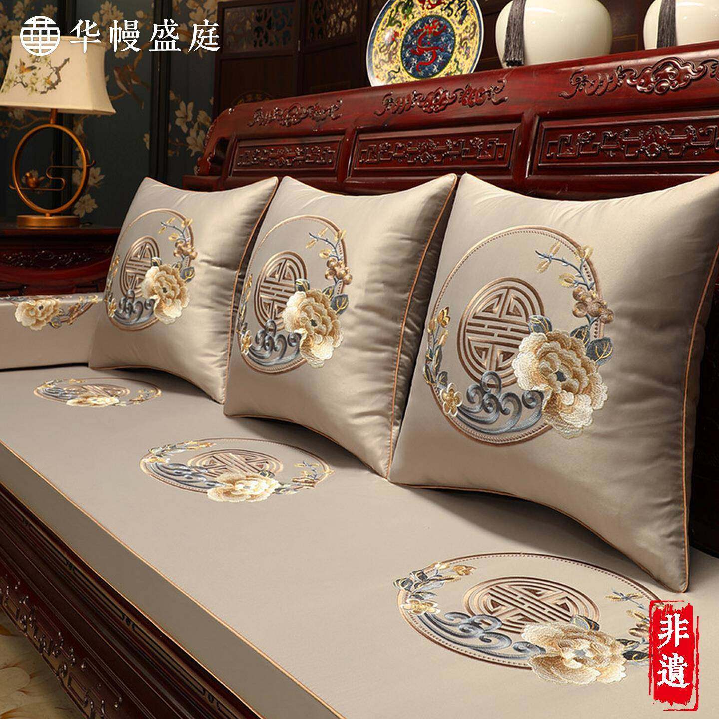 Fh($%p@v具罗?新中式沙发坐垫定轻制实木家沙发垫罩套奢汉床五件