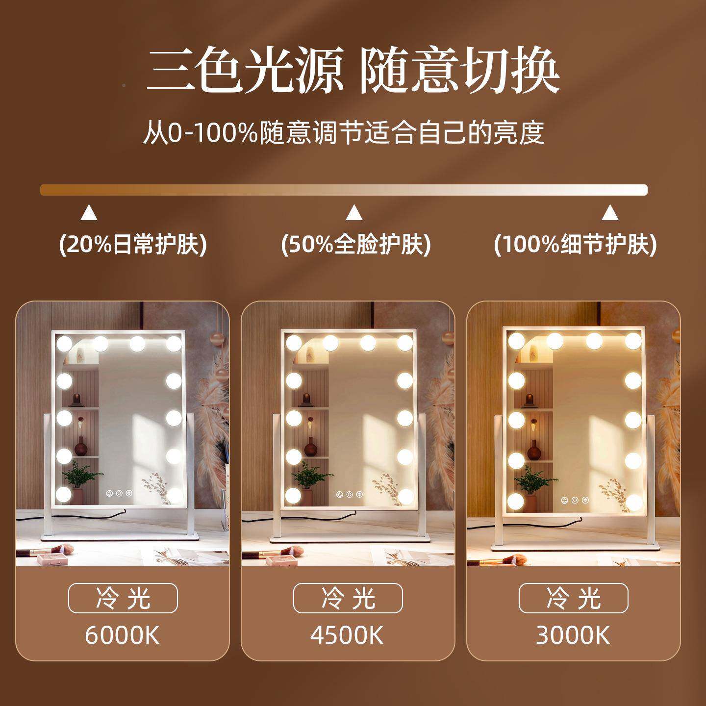 化妆带灯莱坞能桌面台式梳妆好镜化妆智XWI师专用补镜光超亮镜子