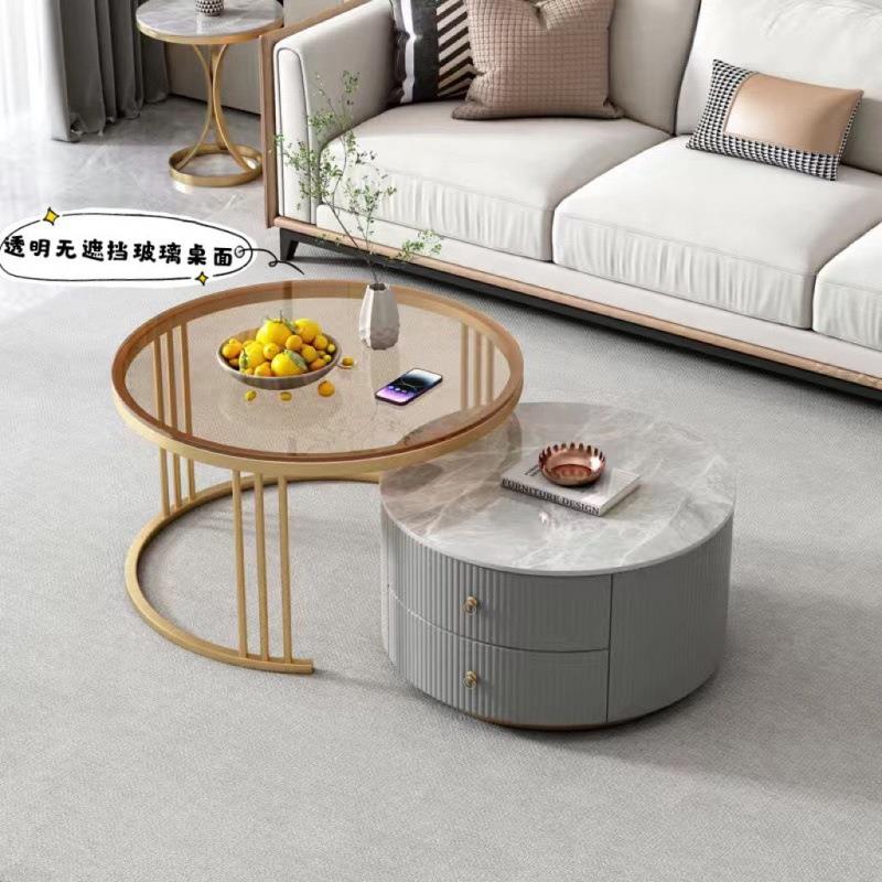 412圆伸形岩板茶几小户型用简约现家代客厅缩小组合大茶色玻璃茶