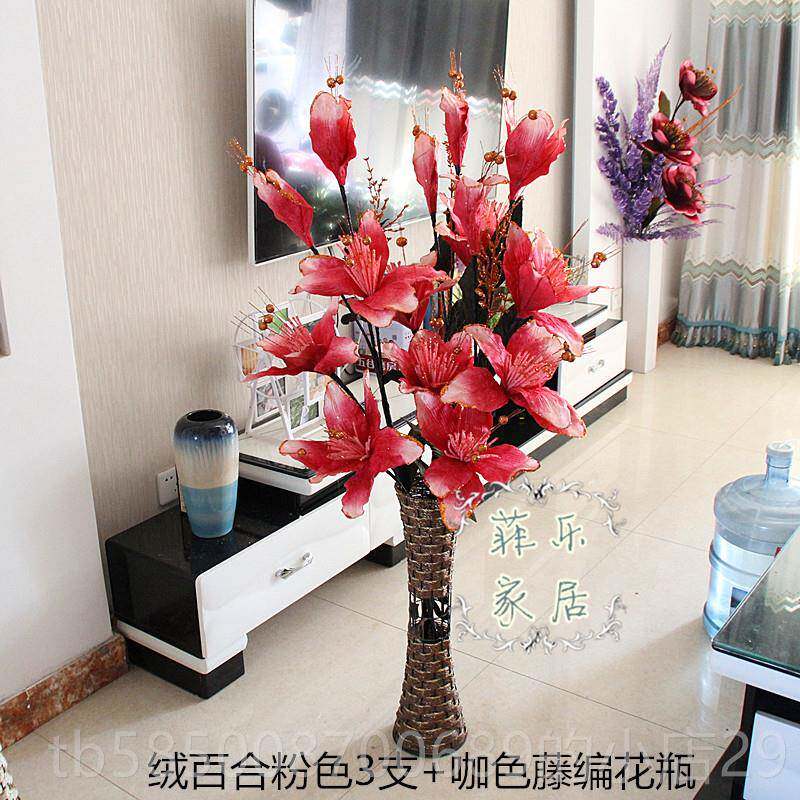 新款客厅摆设绒百合假花花花仿真花欧式田园花摆件艺装绢饰落干地