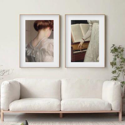 美式小古典人物复室厅古钢琴装饰画简约文艺众客卧书房挂画202008