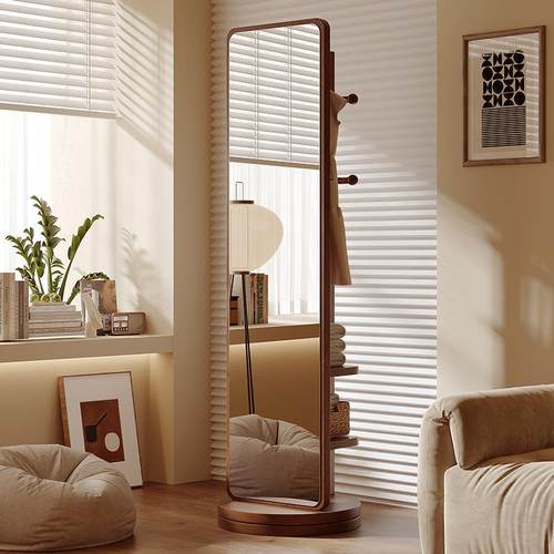 实木旋转穿落衣镜全身地镜移用家书架旋GJI转储物一体试衣镜立式