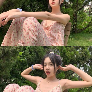碎花带胸垫吊带睡衣女夏款网红风长裤大码家居服夏季可外穿两件套