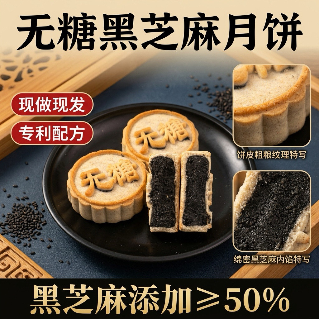 惠清唐无糖黑芝麻月饼现做现发专利配方绵密内馅传统老式月饼浆皮