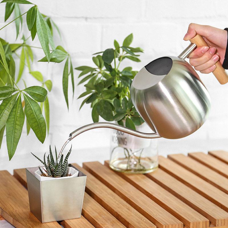不锈钢浇水壶植物木柄洒水壶家用淋花器金属长嘴洒水壶喷壶1200ML