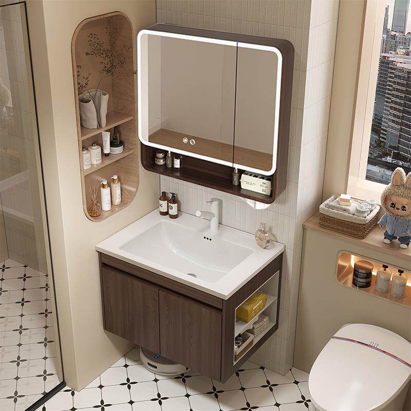 小户型胡桃木色中古风浴室柜洗手洗脸陶瓷盆卫生间侧边收纳洗漱台