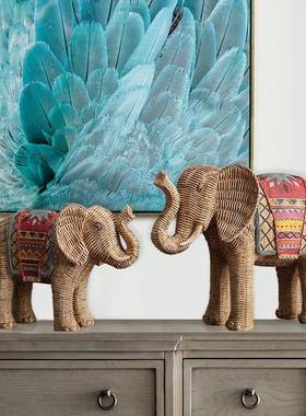 热卖藤编纹大象摆件别墅电视柜客厅酒柜玄关树脂工艺品装饰品